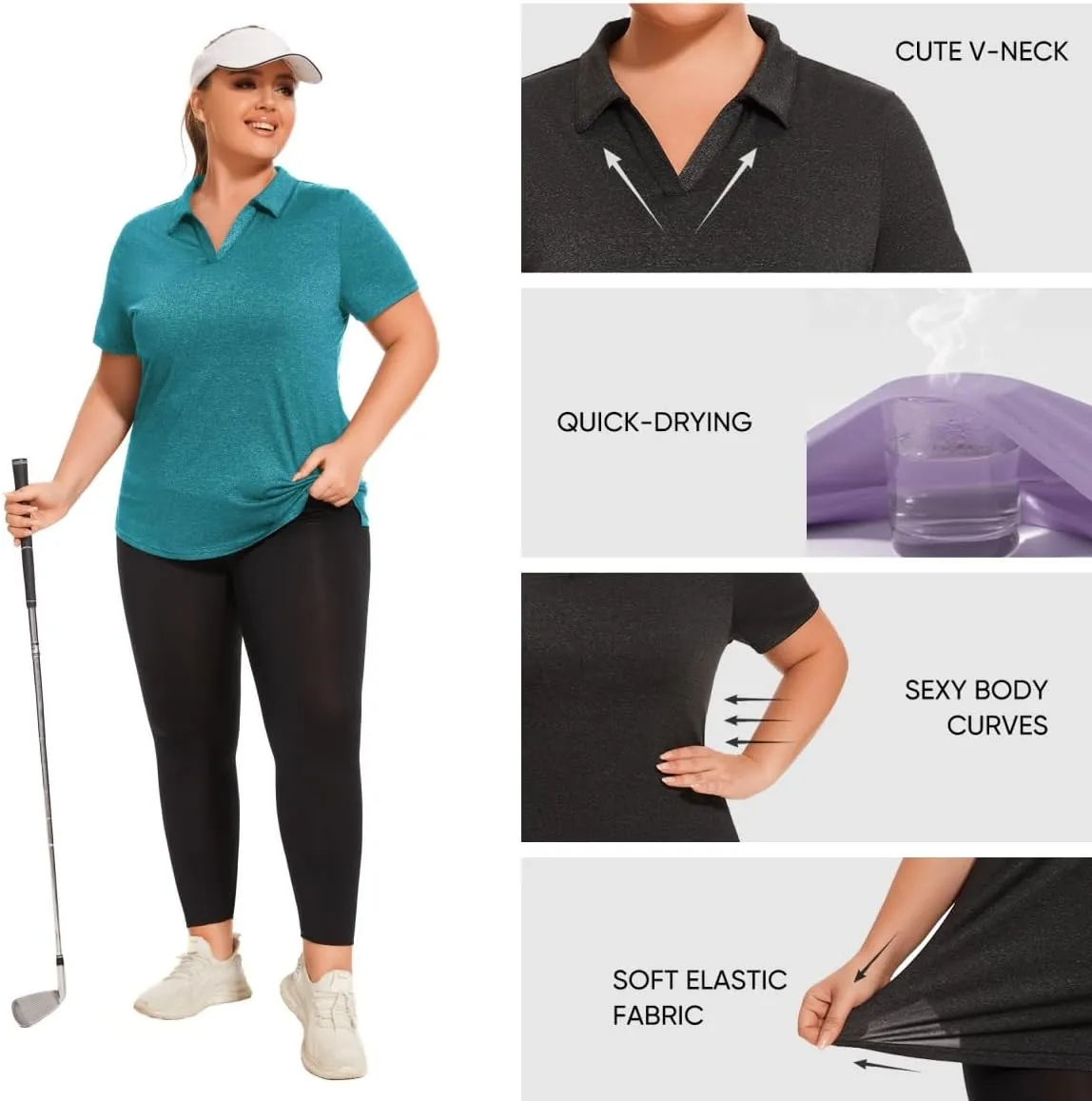 Plus Size Polo Shirts for Women Short Sleeve Golf Shirts V Neck Loose Fit Tennis Shirts Quick-Drying Workout Tops