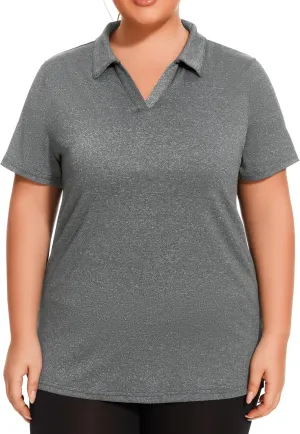 Plus Size Polo Shirts for Women Short Sleeve Golf Shirts V Neck Loose Fit Tennis Shirts Quick-Drying Workout Tops