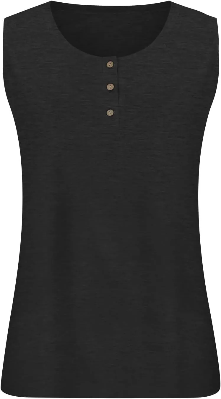 Plus Size Tank Tops for Women Summer Sleeveless O Neck Henley T-Shirts Tops Casual Button Down Tunics Shirts