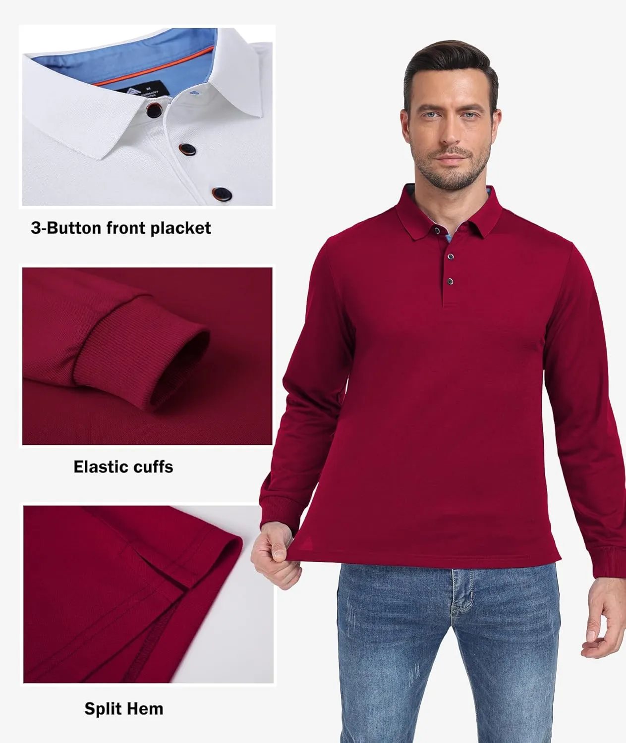 Polo Shirts for Men Long Sleeve Moisture Wicking Golf Polos Casual Travel Performance Collar Shirts