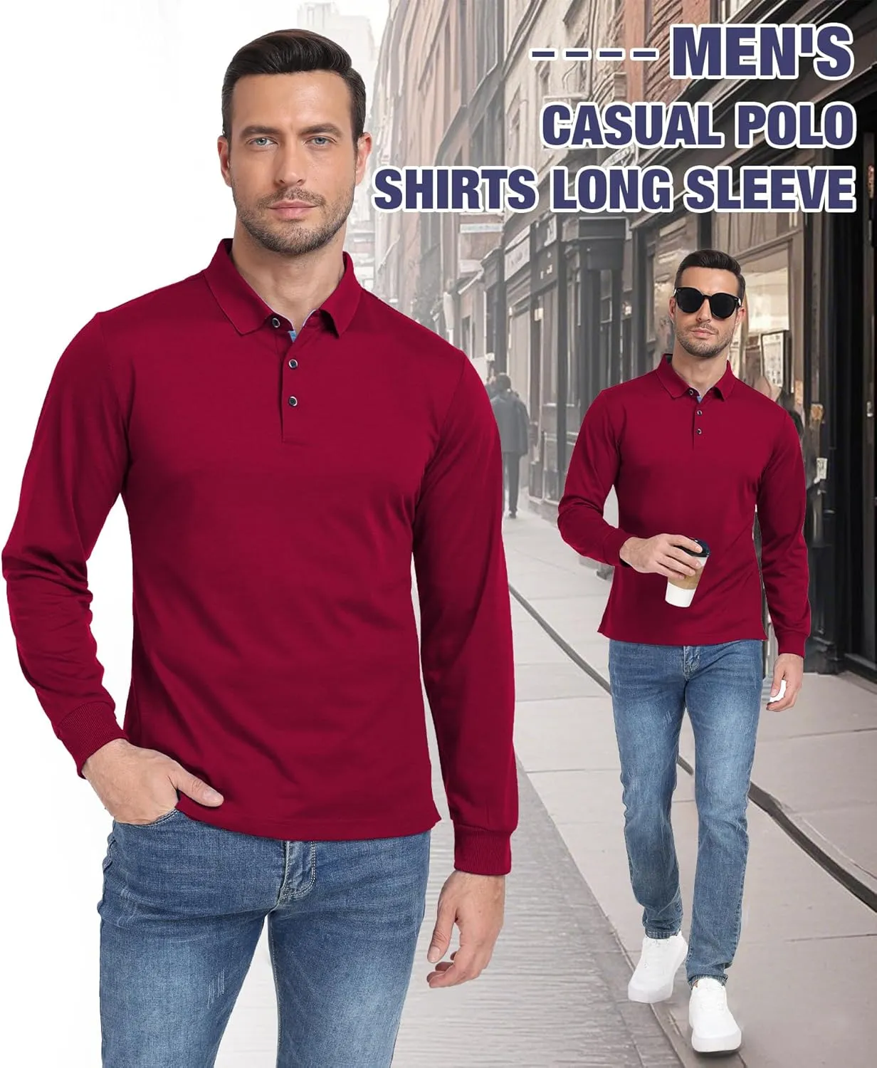 Polo Shirts for Men Long Sleeve Moisture Wicking Golf Polos Casual Travel Performance Collar Shirts