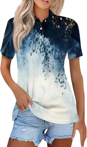 Polo Shirts for Women Short Sleeve Summer Fashion Tops Trendy Floral Print Plus Size Button-Down Tshirts