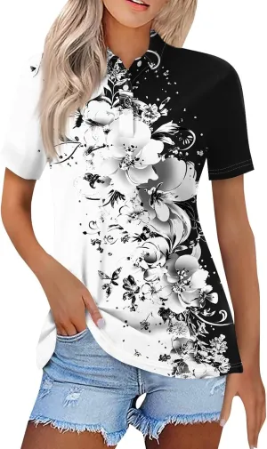 Polo Shirts for Women Short Sleeve Summer Fashion Tops Trendy Floral Print Plus Size Button-Down Tshirts