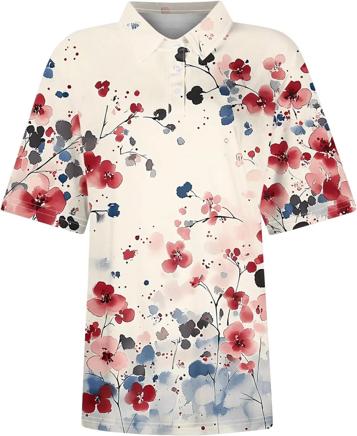 Polo Shirts for Women Short Sleeve Summer Fashion Tops Trendy Floral Print Plus Size Button-Down Tshirts