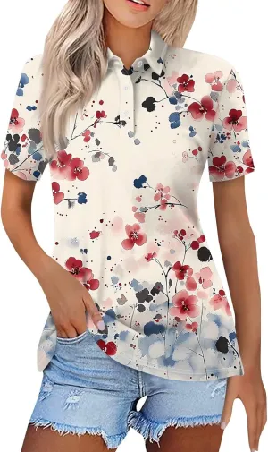Polo Shirts for Women Short Sleeve Summer Fashion Tops Trendy Floral Print Plus Size Button-Down Tshirts