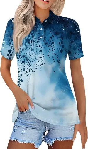 Polo Shirts for Women Short Sleeve Summer Fashion Tops Trendy Floral Print Plus Size Button-Down Tshirts
