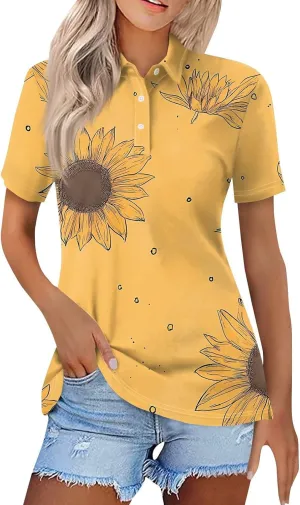 Polo Shirts for Women Short Sleeve Summer Fashion Tops Trendy Floral Print Plus Size Button-Down Tshirts