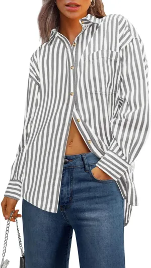 PRETTYGARDEN Womens Striped Button Down Shirt Spring 2025 Oversized Collared Long Sleeve Office Work Blouses Tops