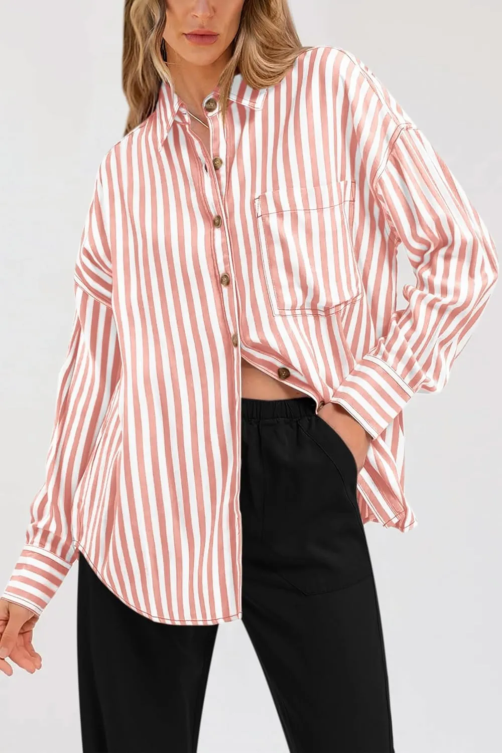 PRETTYGARDEN Womens Striped Button Down Shirt Spring 2025 Oversized Collared Long Sleeve Office Work Blouses Tops
