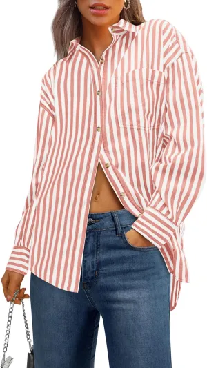 PRETTYGARDEN Womens Striped Button Down Shirt Spring 2025 Oversized Collared Long Sleeve Office Work Blouses Tops