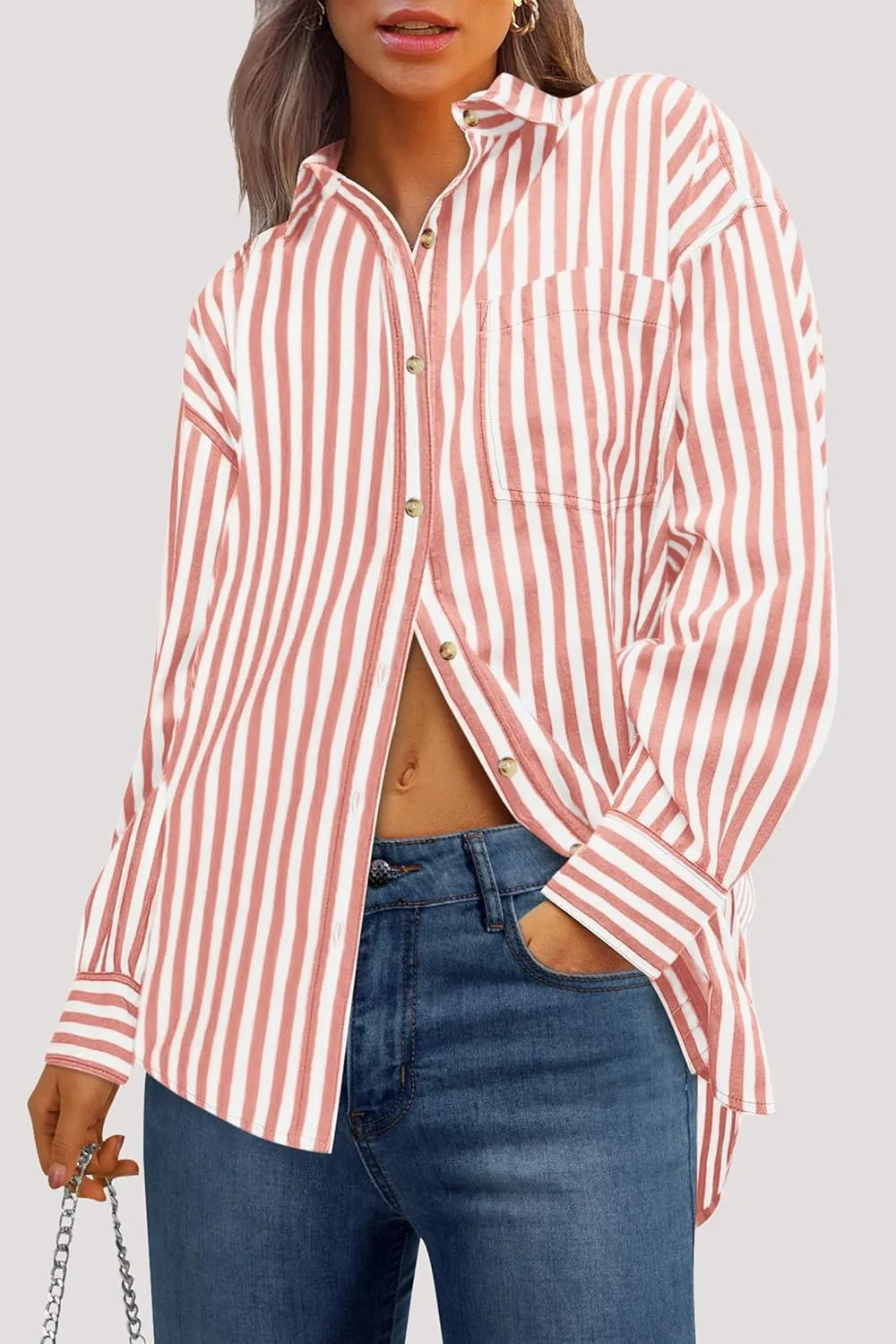 PRETTYGARDEN Womens Striped Button Down Shirt Spring 2025 Oversized Collared Long Sleeve Office Work Blouses Tops