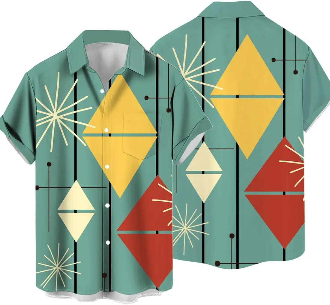 QIVICIMA Men's Retro Bowling Shirts 50s Rockabilly Style Button Down Shirts Vintage Style Camp Shirt
