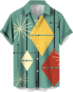 QIVICIMA Men's Retro Bowling Shirts 50s Rockabilly Style Button Down Shirts Vintage Style Camp Shirt