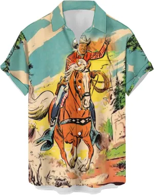 QIVICIMA Men's Retro Bowling Shirts 50s Rockabilly Style Button Down Shirts Vintage Style Camp Shirt
