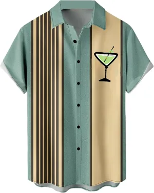 QIVICIMA Men's Retro Bowling Shirts 50s Rockabilly Style Button Down Shirts Vintage Style Camp Shirt