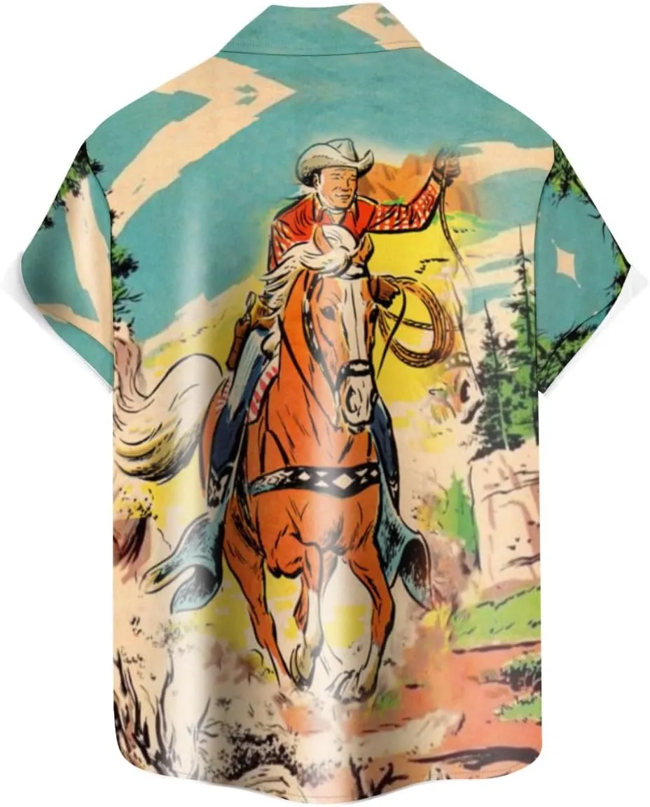 QIVICIMA Men's Retro Bowling Shirts 50s Rockabilly Style Button Down Shirts Vintage Style Camp Shirt
