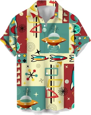 QIVICIMA Men's Retro Bowling Shirts 50s Rockabilly Style Button Down Shirts Vintage Style Camp Shirt