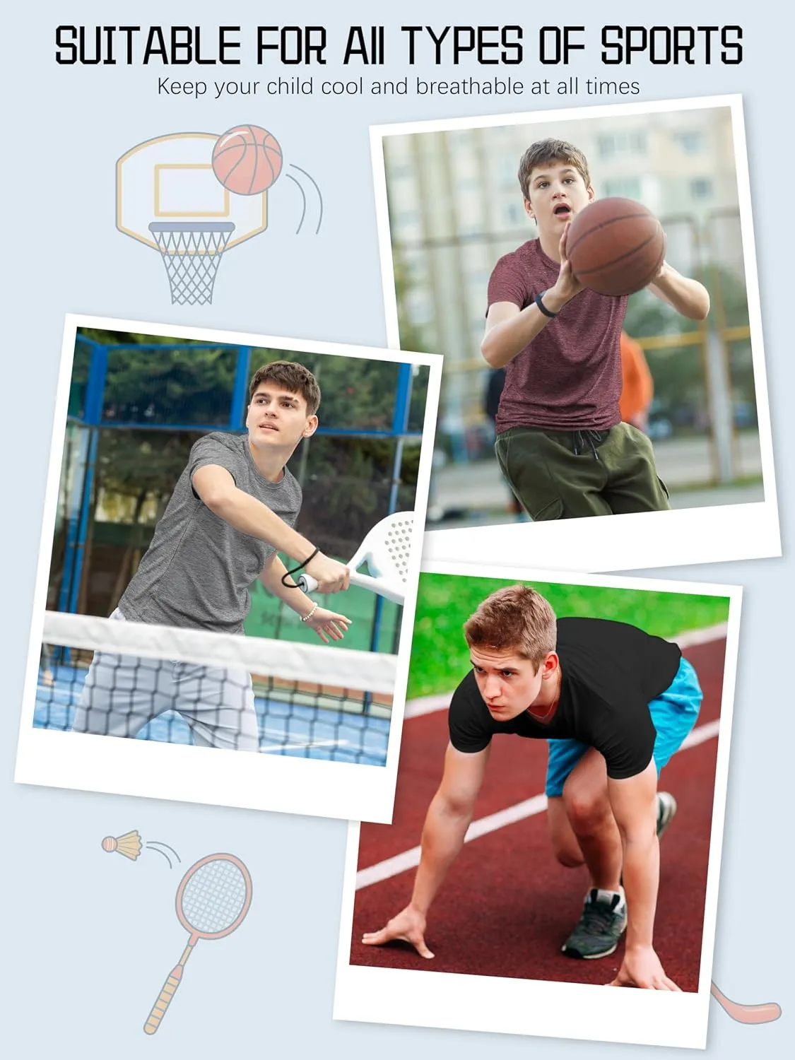 QWE 5 Pack Boys Shirts Youth Dry Fit Shirts Athletic Short Sleeve T-Shirt Boys' Activewear Tops for Youth Teens 5-18 Years