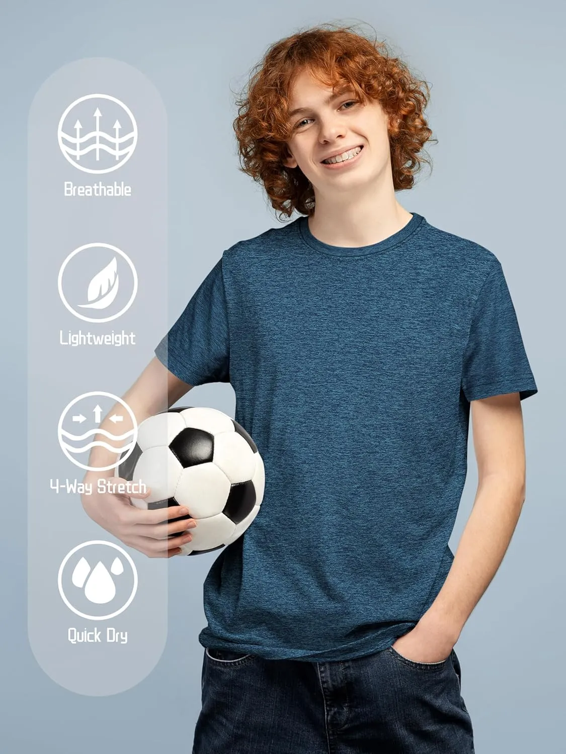 QWE 5 Pack Boys Shirts Youth Dry Fit Shirts Athletic Short Sleeve T-Shirt Boys' Activewear Tops for Youth Teens 5-18 Years