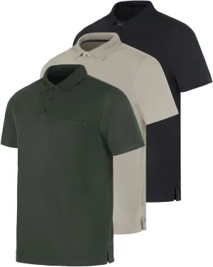 Real Essentials 3 Pack: Mens Short Sleeve Dry-Fit Collared Polo Shirt with Pocket - Active Casual (Available Big & Tall)