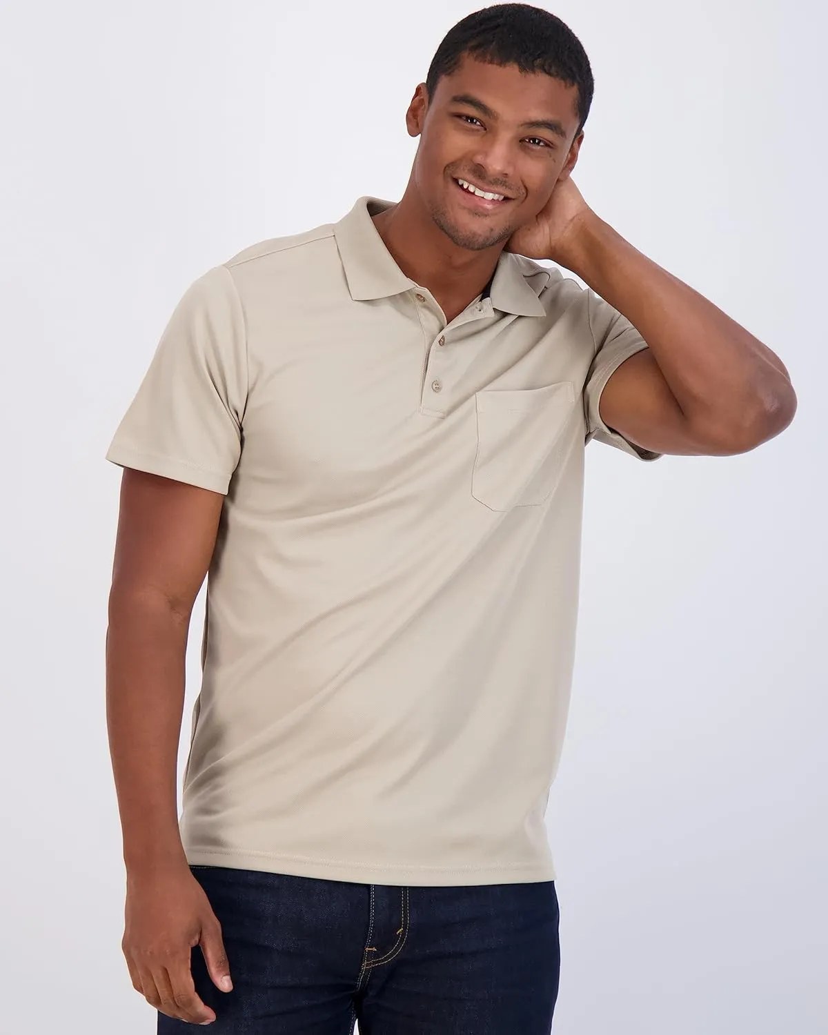 Real Essentials 3 Pack: Mens Short Sleeve Dry-Fit Collared Polo Shirt with Pocket - Active Casual (Available Big & Tall)