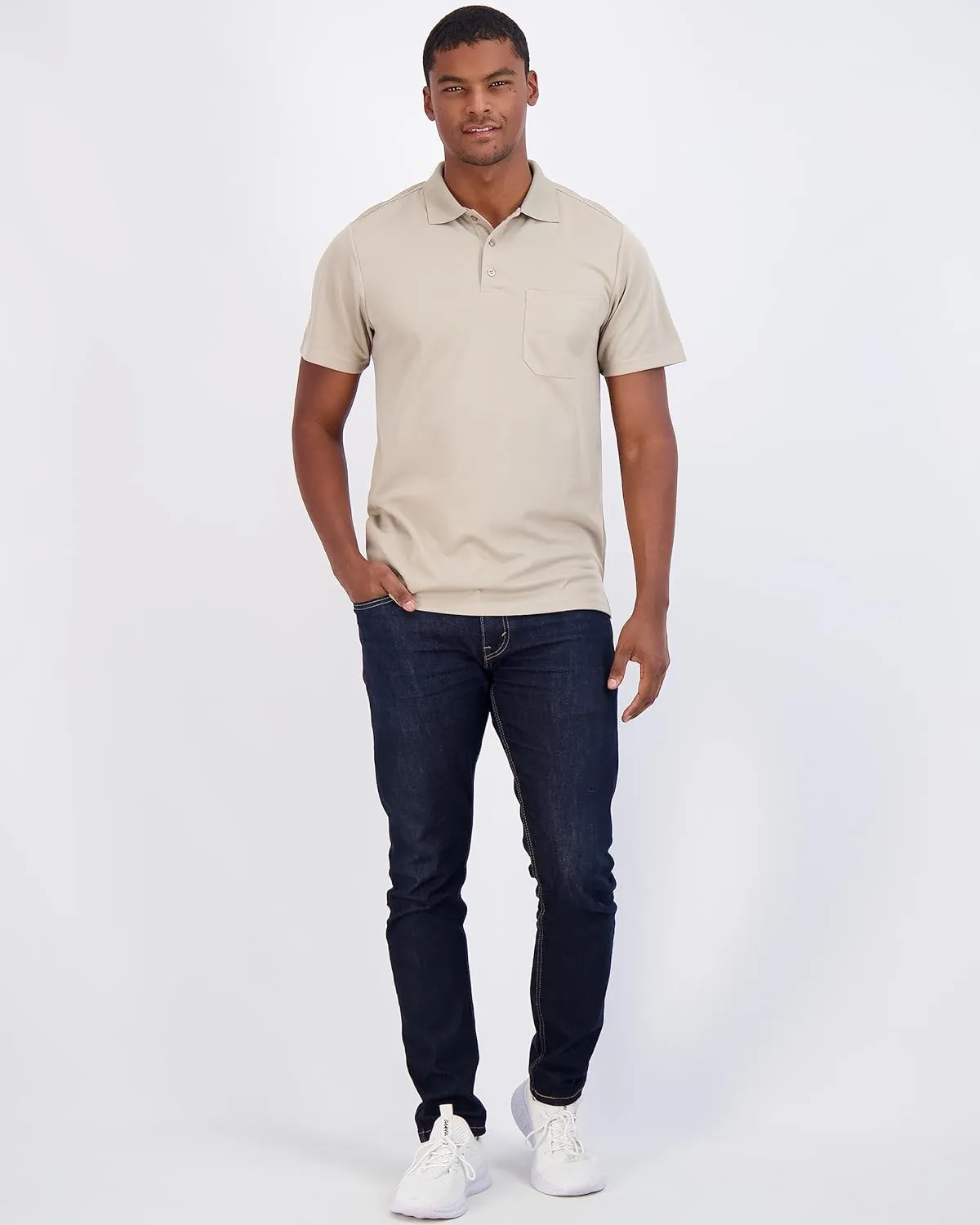 Real Essentials 3 Pack: Mens Short Sleeve Dry-Fit Collared Polo Shirt with Pocket - Active Casual (Available Big & Tall)