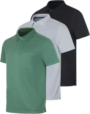 Real Essentials 3 Pack: Mens Short Sleeve Dry-Fit Collared Polo Shirt with Pocket - Active Casual (Available Big & Tall)