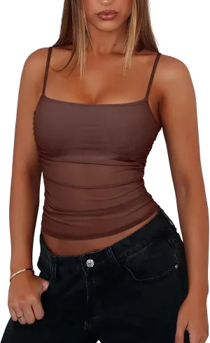 REORIA Women's Sheer Mesh Tank Top Sleeveless See-Through Ruched Camisole Sexy Crop Tops
