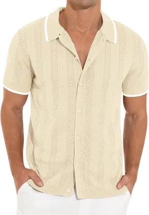 RQP Men's Casual Button Down Shirt Short Sleeve Vintage Clothes Knit Polo Shirts Summer Beach Shirts