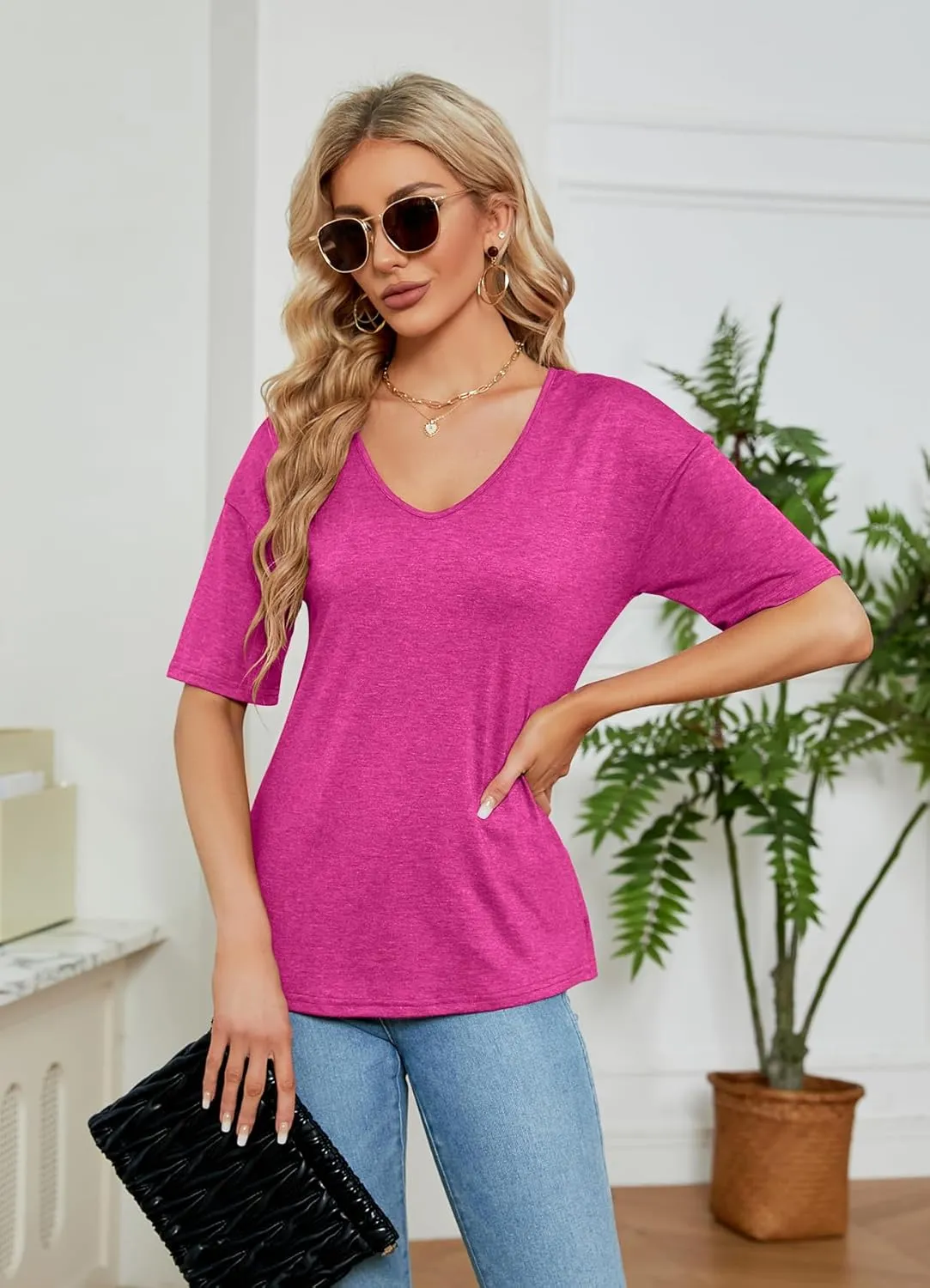 Sherosa Womens T Shirts V-Neck Half Sleeve Loose Fit Shirts Casual Solid Basic Tops