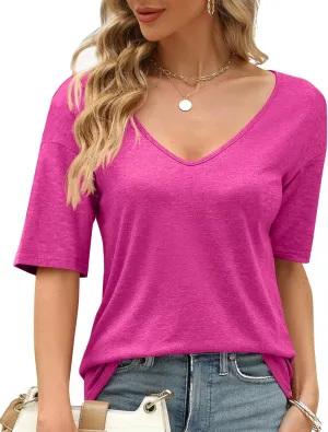 Sherosa Womens T Shirts V-Neck Half Sleeve Loose Fit Shirts Casual Solid Basic Tops