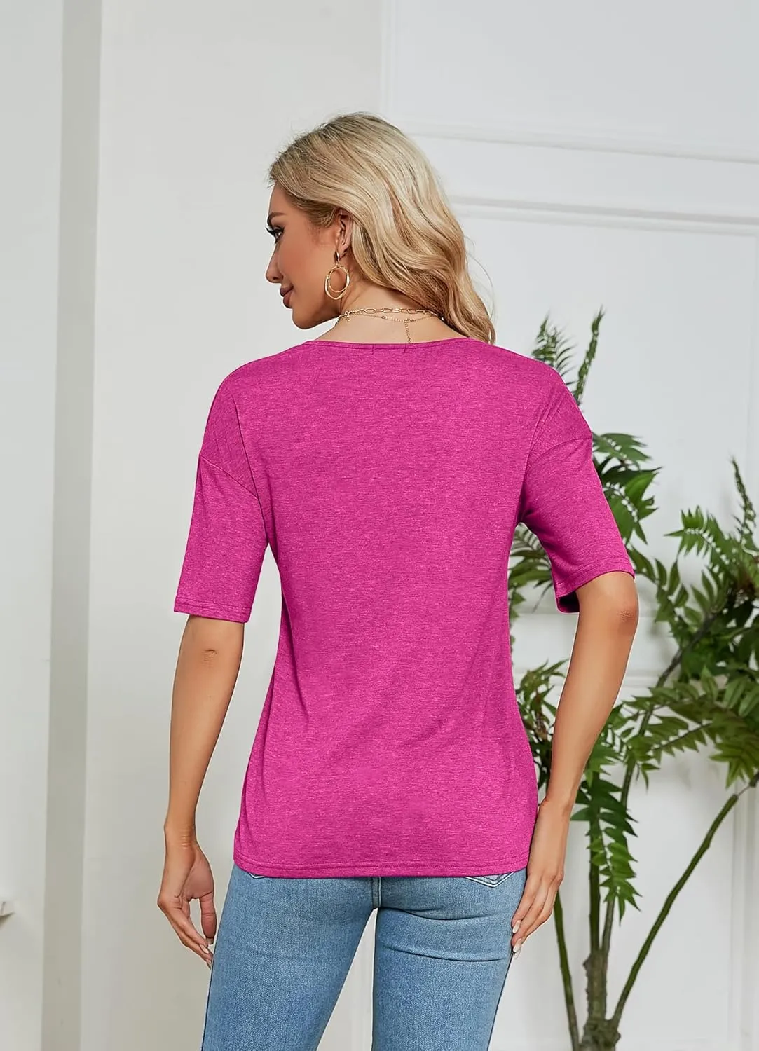 Sherosa Womens T Shirts V-Neck Half Sleeve Loose Fit Shirts Casual Solid Basic Tops