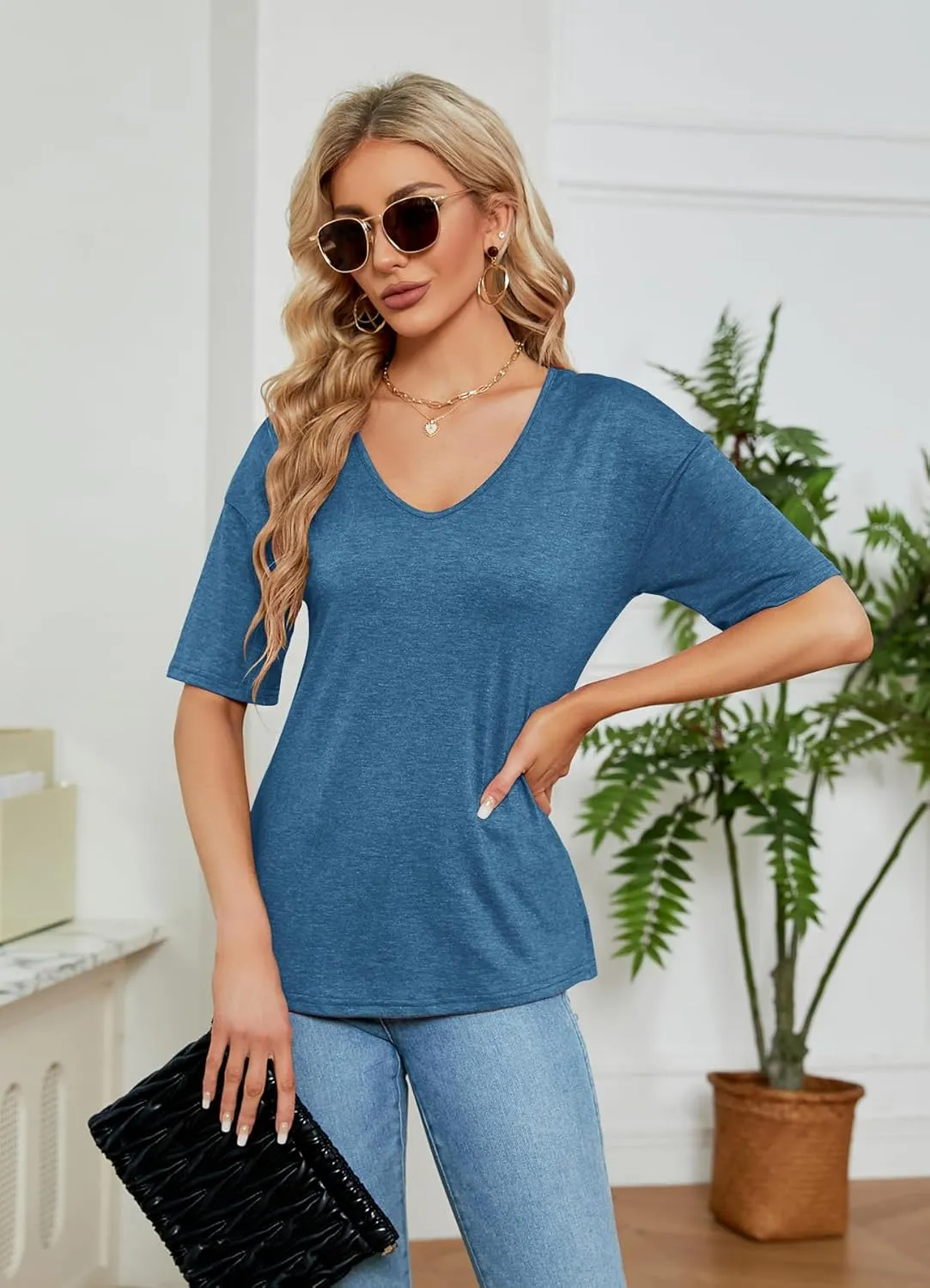 Sherosa Womens T Shirts V-Neck Half Sleeve Loose Fit Shirts Casual Solid Basic Tops
