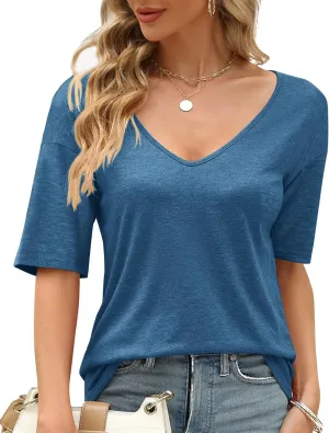 Sherosa Womens T Shirts V-Neck Half Sleeve Loose Fit Shirts Casual Solid Basic Tops