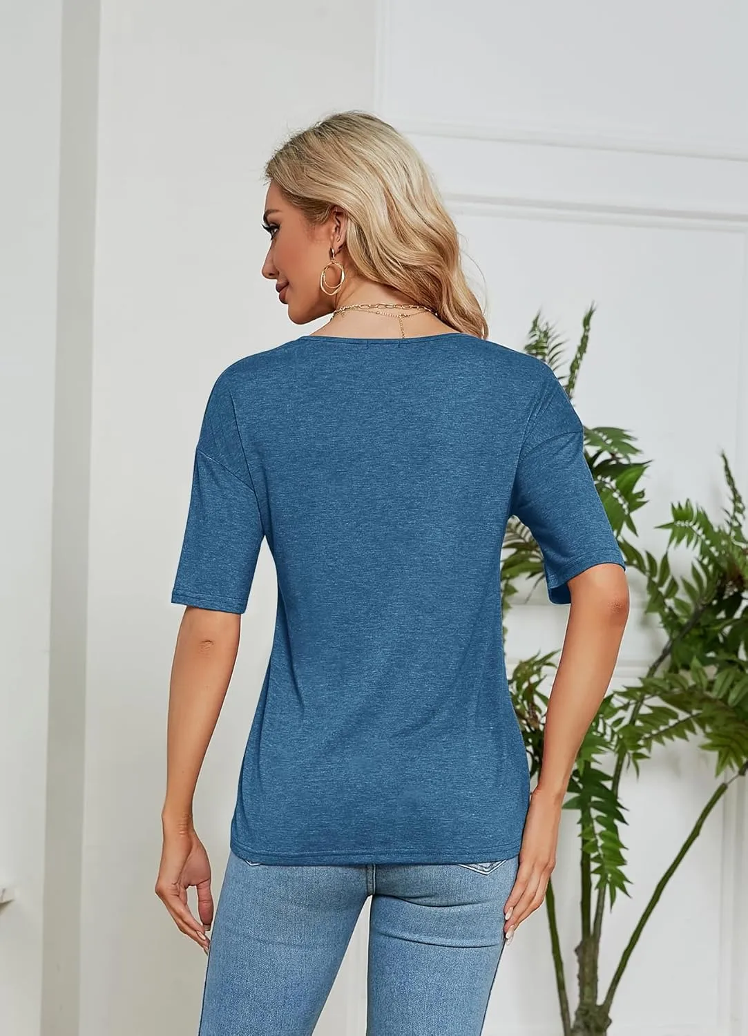 Sherosa Womens T Shirts V-Neck Half Sleeve Loose Fit Shirts Casual Solid Basic Tops