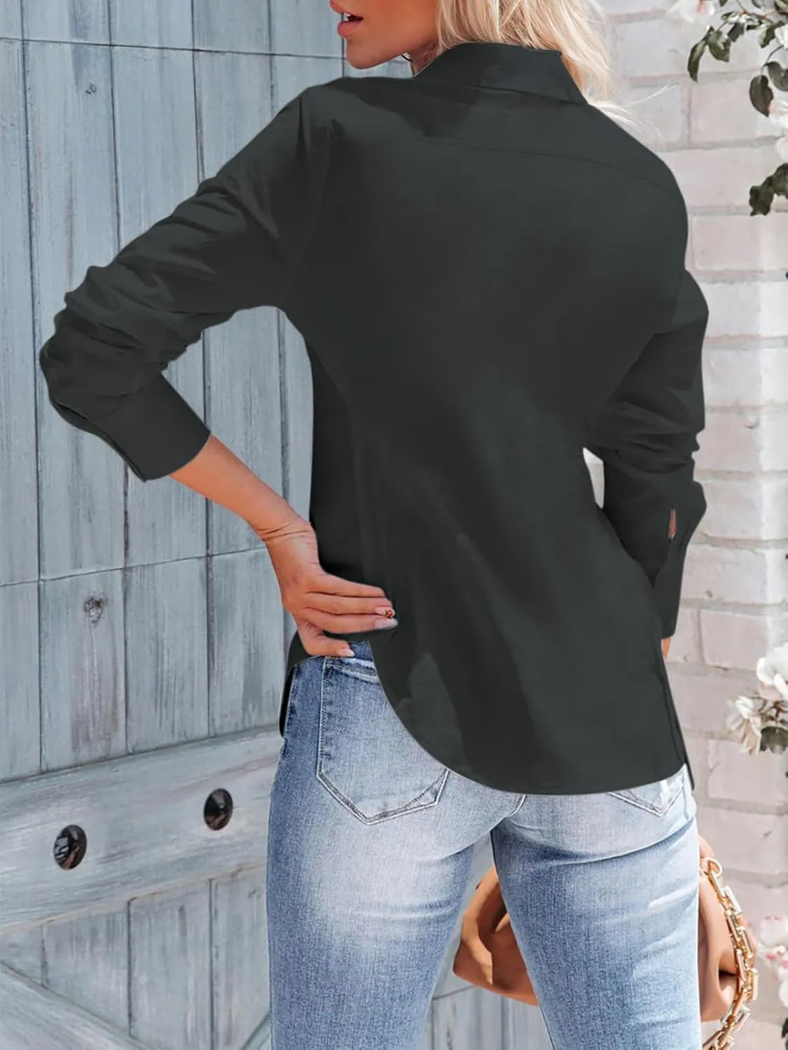siliteelon Women's Button Down Shirts Long Sleeve Dress Shirts Wrinkle Free Collared Work Office Solid Blouses Corset Tops