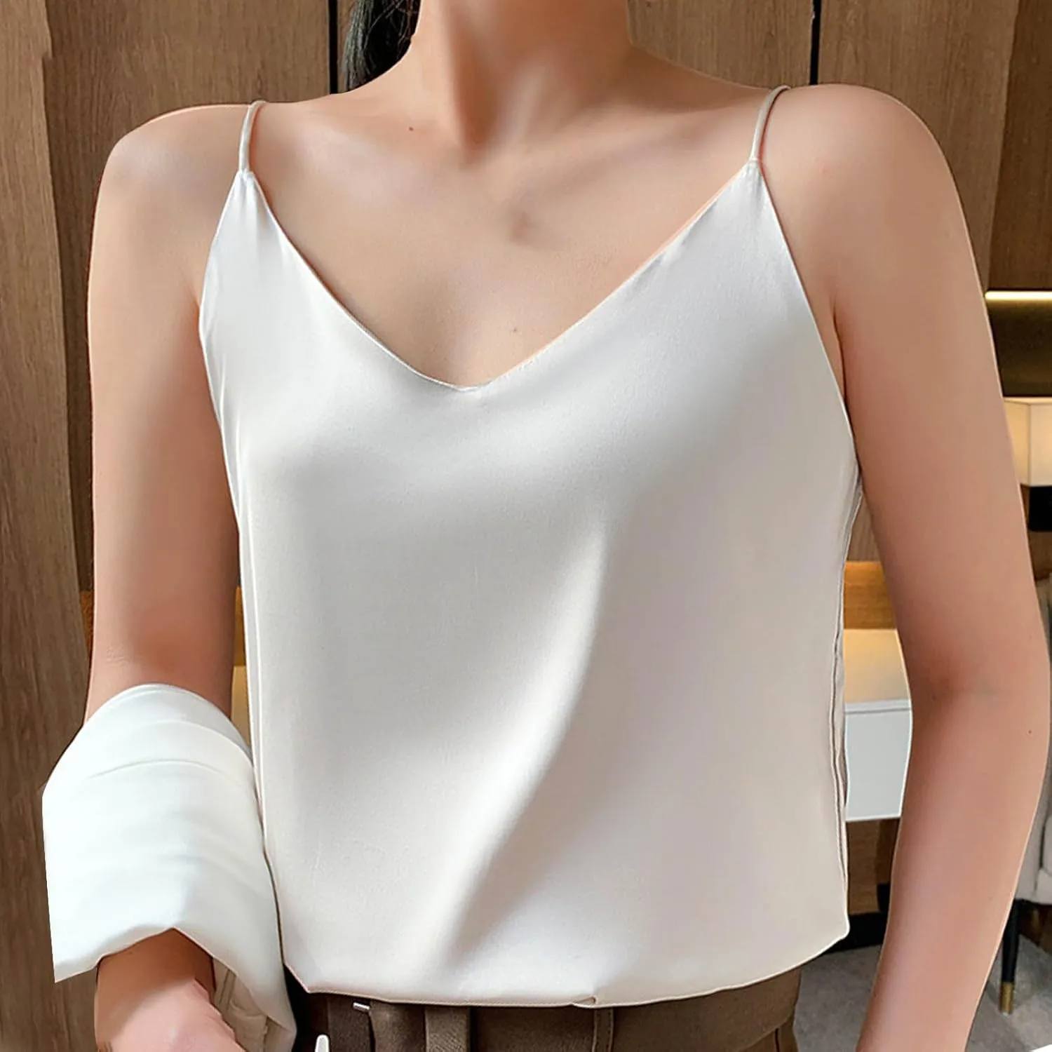 Silk Satin Tank Tops for Women V Neck Camisole Sleeveless Cami Tops Spaghetti Strap Dressy Casual Blouses Basic Tee