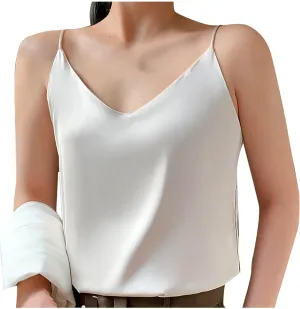 Silk Satin Tank Tops for Women V Neck Camisole Sleeveless Cami Tops Spaghetti Strap Dressy Casual Blouses Basic Tee