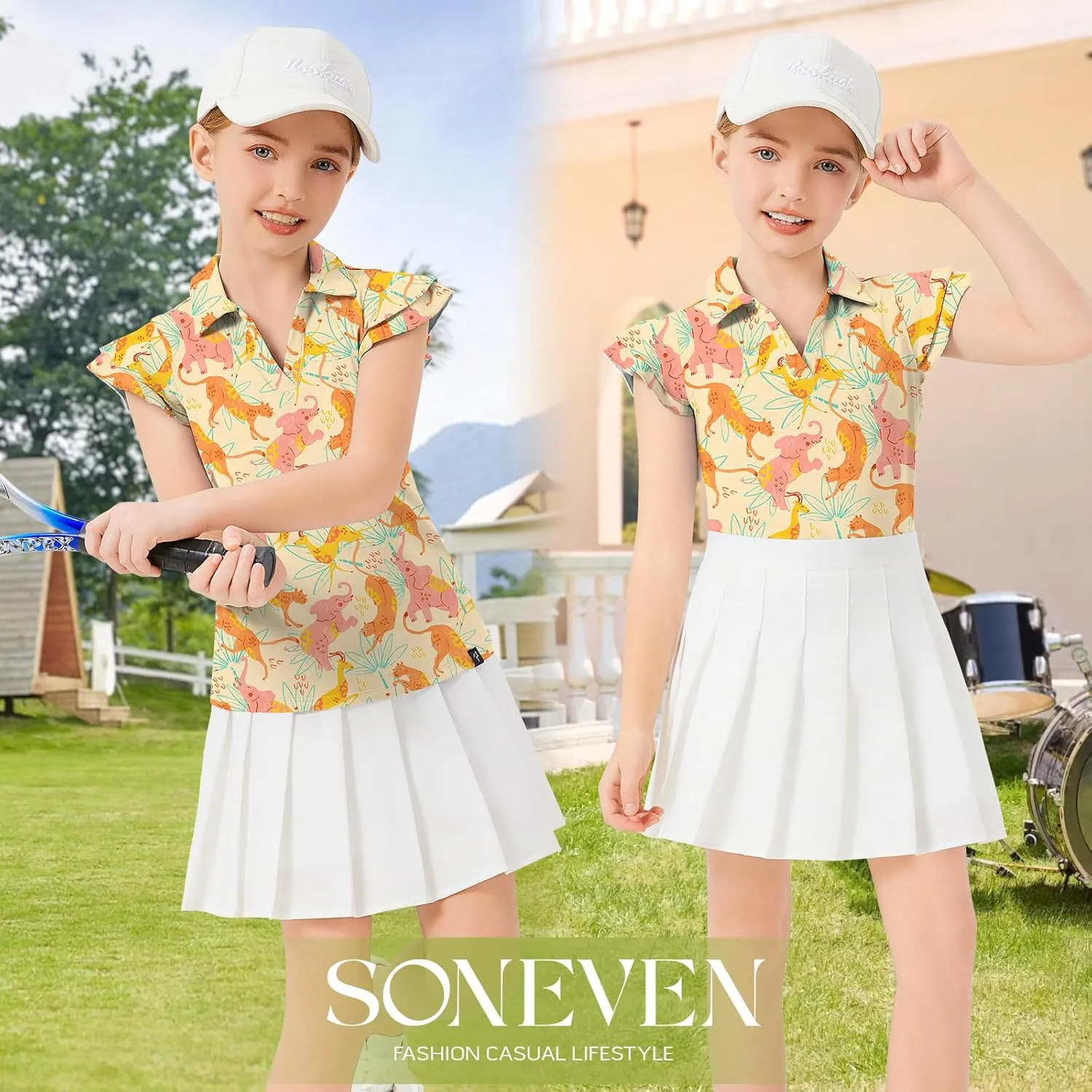 Soneven Girls Golf Polo Shirts V Neck Ruffle Sleeveless Tennis Shirts Lightweight Quick Dry Athletic Tank Tops