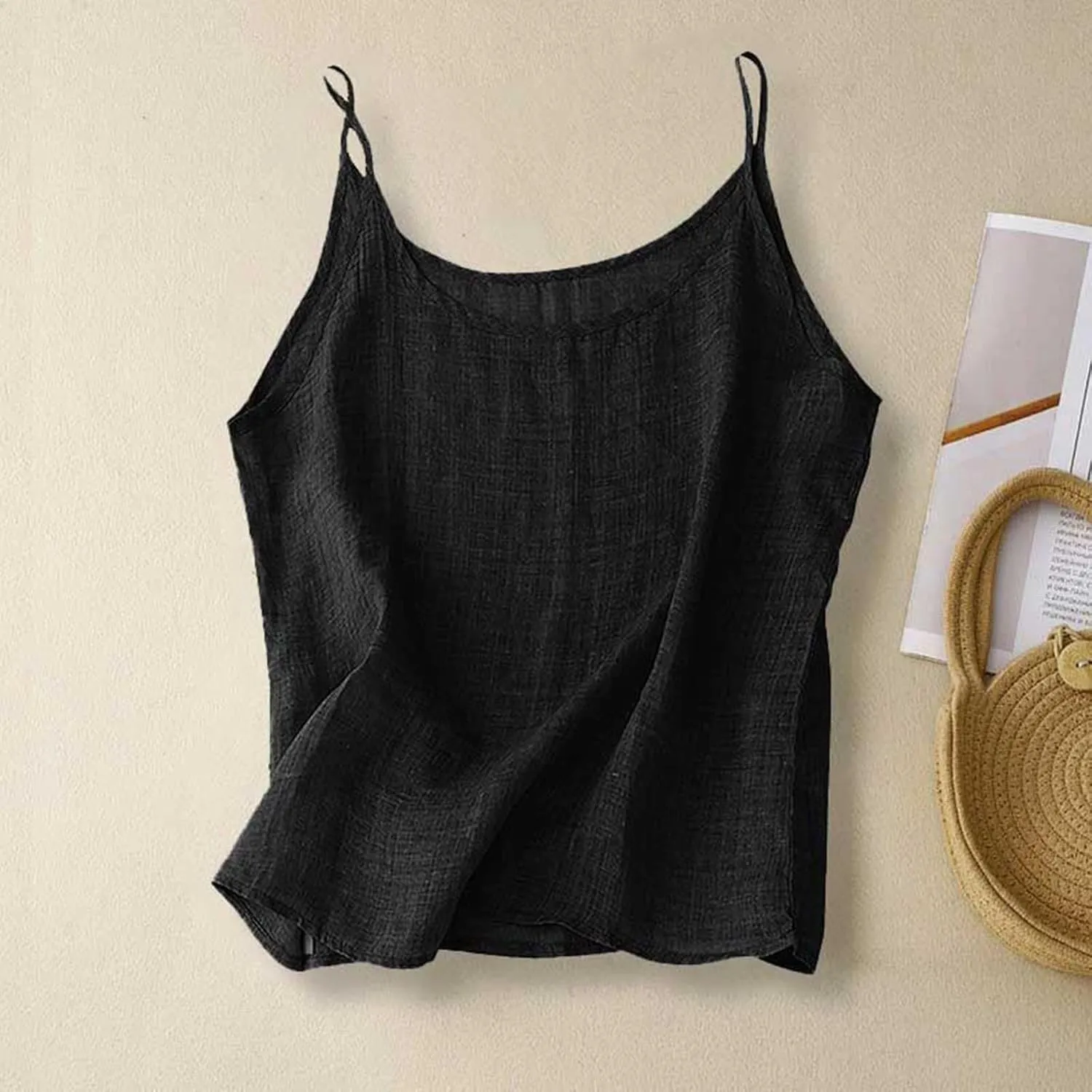 Spaghetti Strap Peplum Tops for Women Trendy Loose Fit Tank Cotton Linen Sleeveless Shirts Casual Vacation Outfits