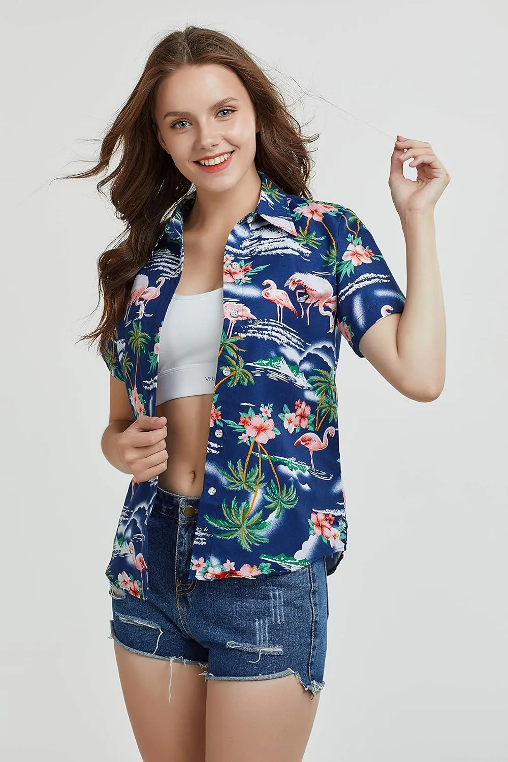 SSLR Hawaiian Shirts for Women Flamingo Shirt Tropical Shirts for Women Summer Casual Short Sleeve