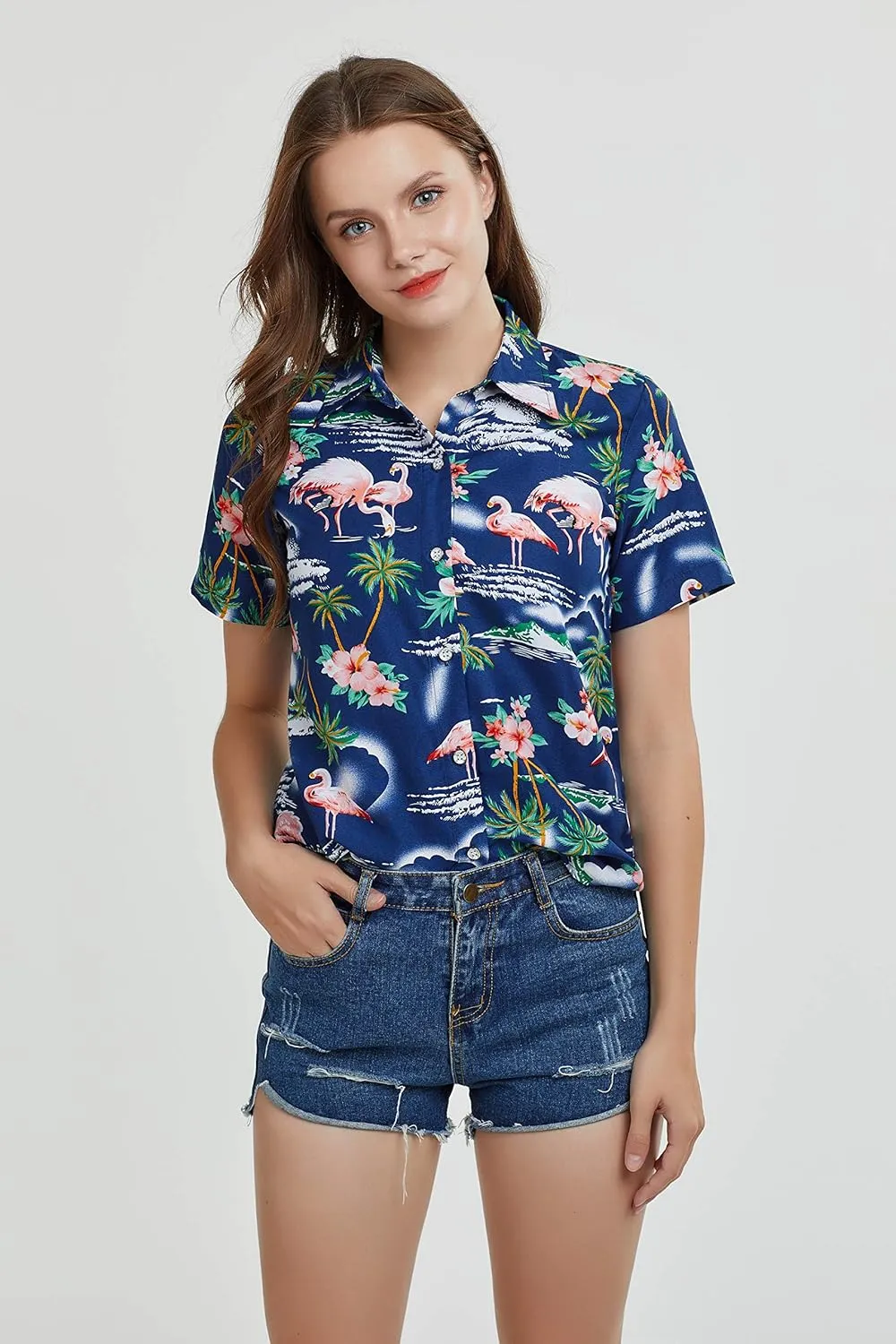 SSLR Hawaiian Shirts for Women Flamingo Shirt Tropical Shirts for Women Summer Casual Short Sleeve