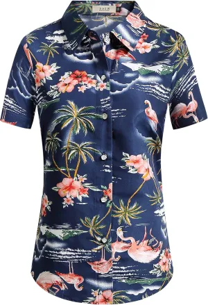 SSLR Hawaiian Shirts for Women Flamingo Shirt Tropical Shirts for Women Summer Casual Short Sleeve
