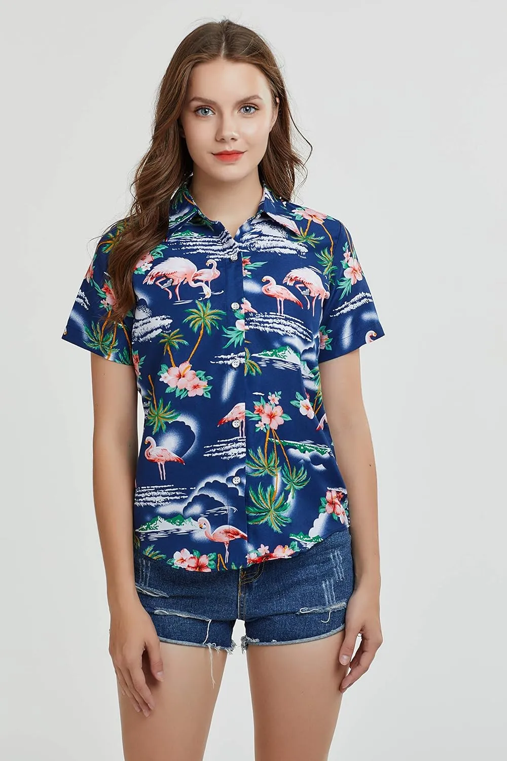 SSLR Hawaiian Shirts for Women Flamingo Shirt Tropical Shirts for Women Summer Casual Short Sleeve