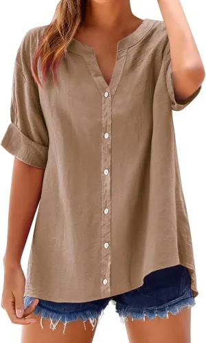 Summer Linen Work Tops for Women Trendy Button Down Plus Size V Neck Boho Clothes Spring Tops for Women 2025