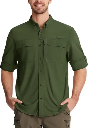 TACVASEN Men's Fishing Shirts Long Sleeve Sun Protection UPF50  Quick Dry Button Down Shirts with Zipper Pockets
