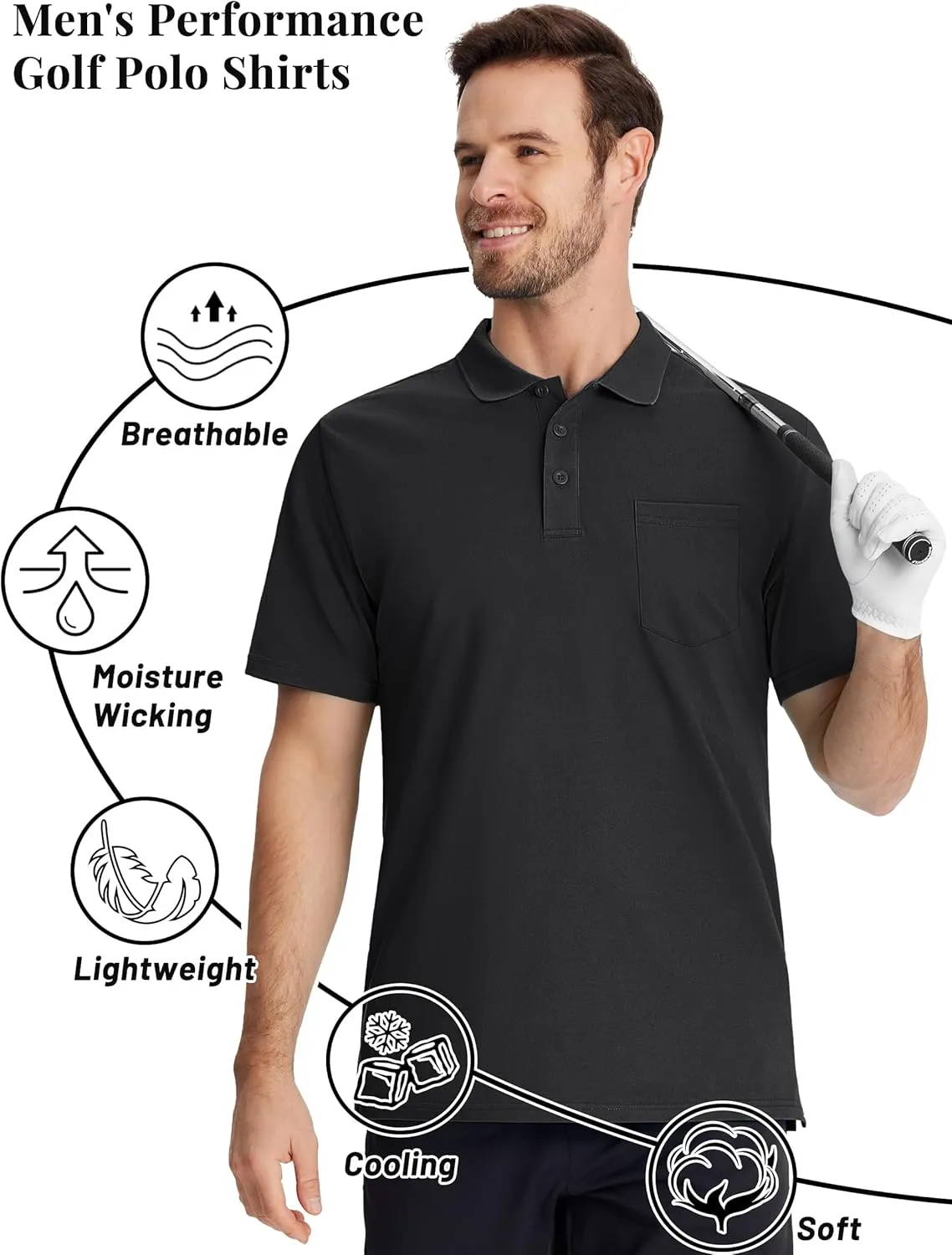 TACVASEN Mens Polo Golf Shirts with Pocket Pique Cooling Performance Moisture Wicking Polo Shirts