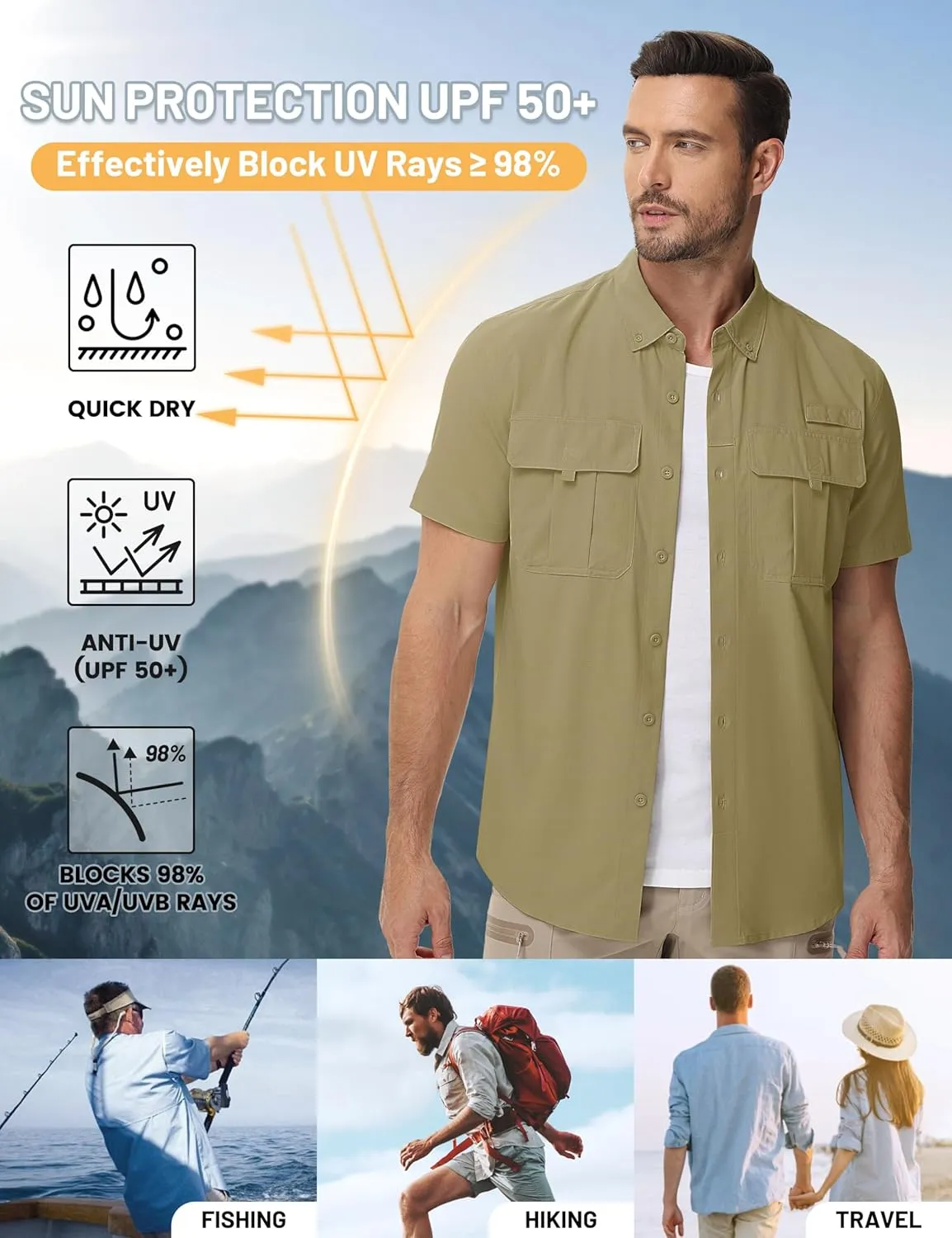 TACVASEN Mens Short Sleeve Sun Protection Shirt UPF 50  Quick Dry Fishing Cooling UV Shirts Outdoor Tactical Hiking Shirts