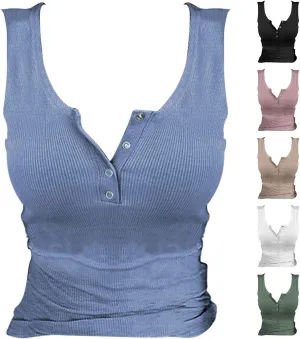 Tank Tops for Women Summer Casual Cropped Ribbed Sleeveless Camisole Tops Button V Neck Henley Shirt Clothes 2025