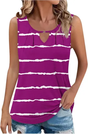 Tank Tops Women Striped Print Sleeveless Blouse Summer Hollow Out V Neck Camisoles Loose Fit Pleated Casual T-Shirt 2025